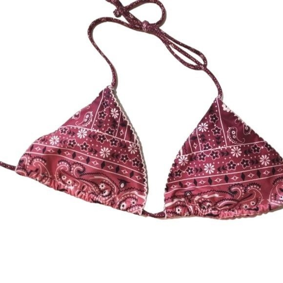 Agua Bendita, Itsy Bitsy Teeny Weeny Maroon & White Bandana String Bikini Top S - Picture 2 of 7